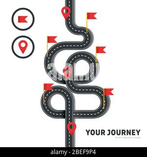 Vector winding road with pins and flags isolated on white background. Illustration of street road curve with oins and flags Stock Vector