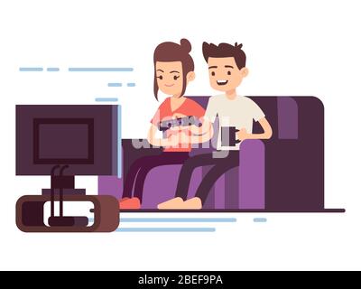 Happy young couple watch TV isolated on white background. Vector illustration Stock Vector