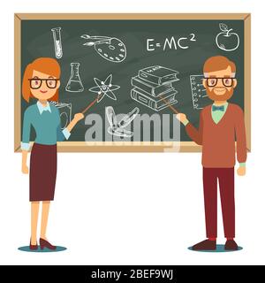 Male and female teachers standing in front of blank school blackboard vector illustration. School teacher and chalkboard, profession teaching Stock Vector