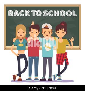 High school students and chalkboard isolated on white background - back to school concept. Vector illustration Stock Vector