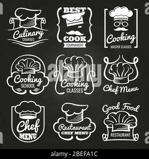 Chef hat emblem - cafe, restaurant or bakery logos on chalkboard. Chef logo emblem for restaurant and cooking school. Vector illustration Stock Vector