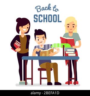 Back to school concept with reading students isolated on white background. Vector illustration Stock Vector