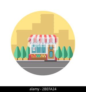 City landscape concept with downtown silhouette and cute road food store. Vector illustration Stock Vector