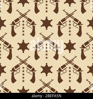 Vintage western seamless pattern with colts and sheriff star. Vector illustration Stock Vector