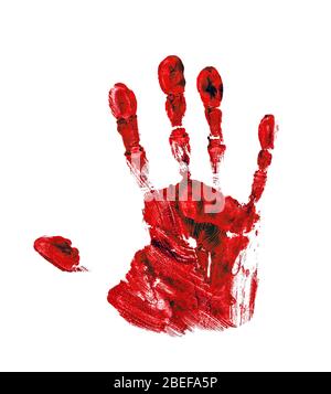 Red human hand print on black background isolated close up, bloody ...