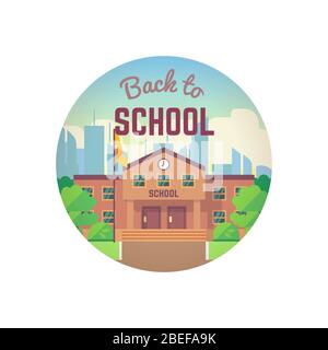 Back to school round concept with city landscape and school building. Vector illustration Stock Vector