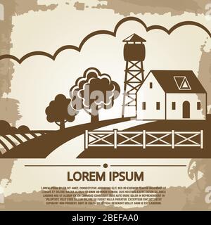 Grunge farm background on vintage page with farm house and text. Vector illustration Stock Vector