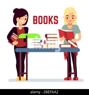 Teenager girl students reading books self education concept. Vector illustration Stock Vector