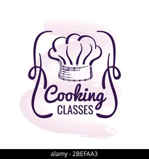 Cooking logo design with watercolor decor - restaurant emblem isolated on white. Vector illustration Stock Vector