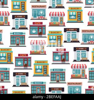 Store fronts seamless pattern - cafe, restaurant, market seamless texture. Vector illustration Stock Vector