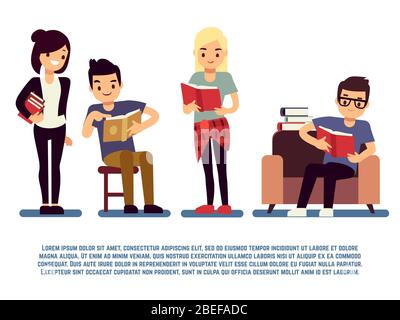 Teenagers and students with books isolated on white - young people reading concept. Student education school, vector illustration Stock Vector