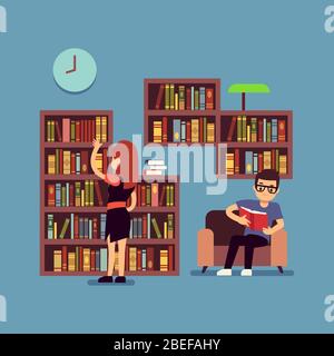 Young couple reading books - flat library or living room concept. Guy and girl read book in home, vector illustration Stock Vector
