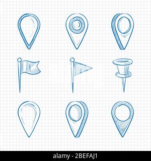 Hand drawn doodle navigation pins on notebook page. Vector illustration Stock Vector