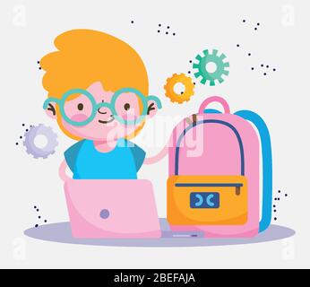 Child at computer. Cartoon boy learning at desk with laptop. Student ...