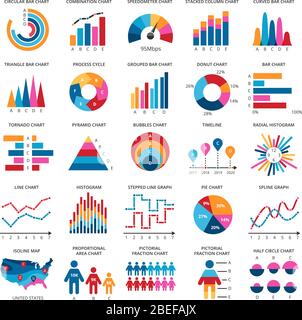 Color finance data chart vector icons. Statistics colorful presentation graphics and diagrams. Chart and diagram data, finance graphic pie and bar illustration Stock Vector