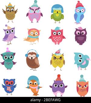 Funny winter owls birds cartoon vector characters. Color owl bird in winter hat and scarf, group of owlet illustration Stock Vector