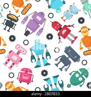 Cute robots futuristic kids vector seamless pattern. Cyborg character and robot android illustration Stock Vector