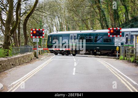 A train passing across a level crossing with the barrier lowered and flashing lighting to warn approaching motorists of the danger Stock Photo