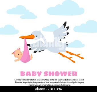 Baby shower vector background with stork carrying infant. Stork and baby, newborn infant illustration Stock Vector
