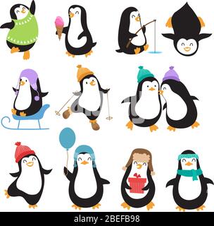 Funny christmas penguins vector characters. Set of penguin animal with ice cream and fishing illustration Stock Vector