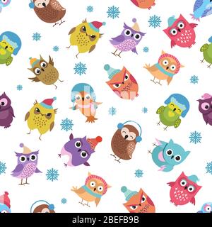 Funny winter owls vector seamless pattern. Christmas holiday background. Illustration of wild xmas owl and snow Stock Vector