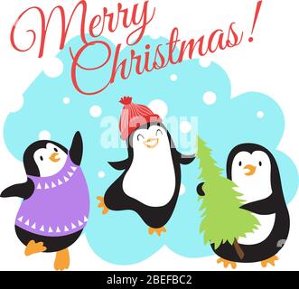 Christmas winter holidays vector greeting card with cute cartoon penguins. Christmas holiday greeting card with character penguins illustration Stock Vector