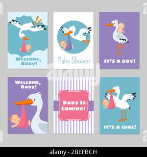 Baby shower invitations vector cards with stork and baby. Arrival boy or girl illustration Stock Vector