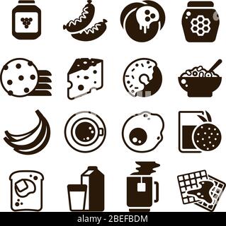 Breakfast food vector silhouette icons isolated. Illustration of breakfast food and drink Stock Vector