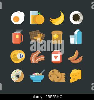 Breakfast healthy food and drinks flat vector icons. Breakfast food fruit and cheese, lunch juice, or cup of tea illustration Stock Vector