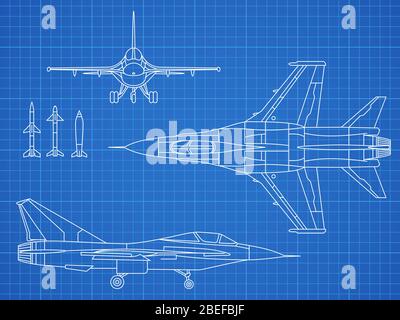 Military jet aircraft drawing vector blueprint design. Aircraft military plan blueprint illustration Stock Vector