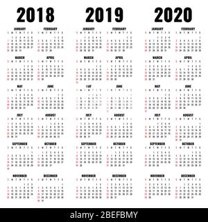Vector calendar template 2018, 2019 and 2020 years. Calendar of year and monthly illustration illustration Stock Vector