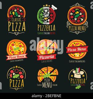 Pizza vector logos. Pizzeria italian cuisine restaurant labels and emblems. Pizza restaurant emblem, illustration of italian pizzeria Stock Vector