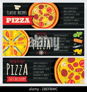 Italian pizza and pizzeria restaurant vector horizontal banners. Pizza flyers vector illustration Stock Vector