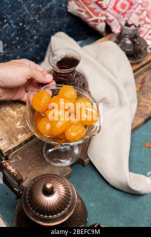 tea and apricot jam on the table Stock Photo