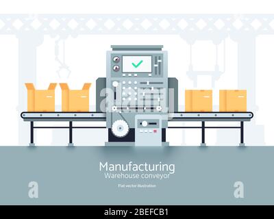 Manufacturing warehouse conveyor. Assembly production line flat vector industrial concept. Conveyor production factory, illustration of manufacturing machine belt line Stock Vector