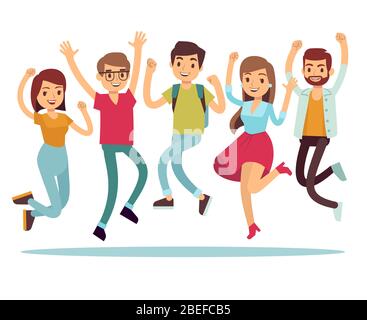 Jumping young happy people in casual clothes. Flat vector characters set. People jump, boy and girl person illustration Stock Vector