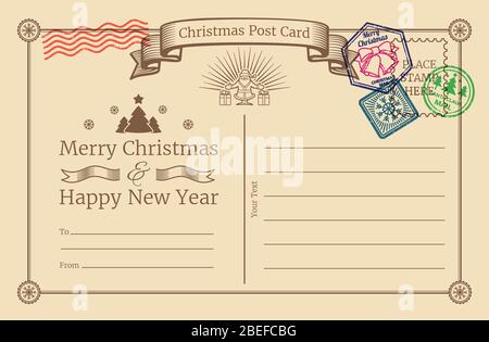 Vector old christmas holiday postcard with santa stamps. Christmas and new year postcard blank illustration Stock Vector