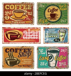 Vintage coffee shop and cafe metal vector signs in old 1940s style. Vintage coffee poster grunge, banner with hot coffee illustration Stock Vector