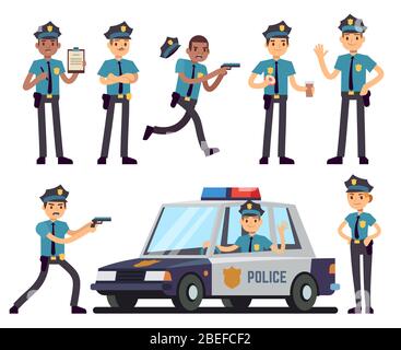 Cartoon policewoman and policeman characters in police uniform vector set. Police officer character, cop in hat illustration Stock Vector