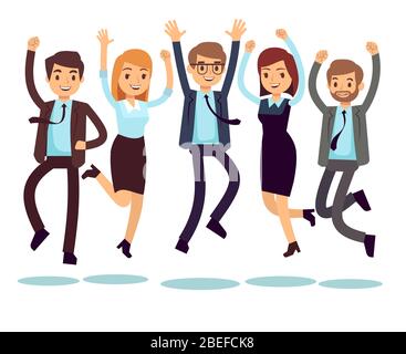 Happy and smiling workers, business people jumping flat vector characters. Happy worker character, team office people illustration Stock Vector