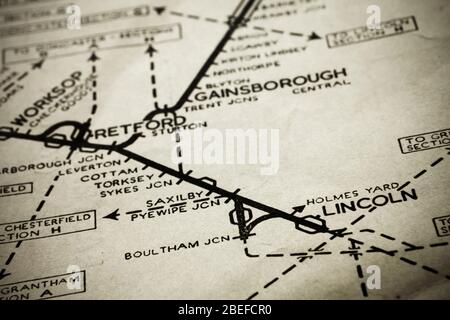 Vintage LNER rail network map covering lines in the Lincoln and Retford area. Stock Photo