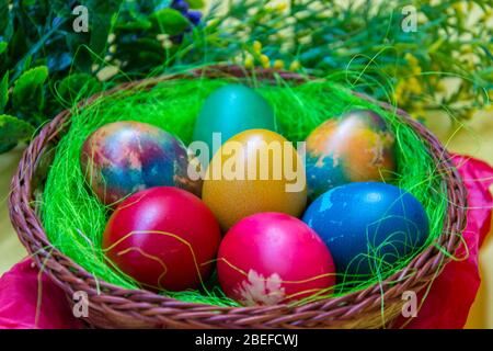 Green grass nest in a basket with colored chicken Easter eggs, multicolored painted eggs, Easter tradition, plastic flower as a decoration on the back Stock Photo