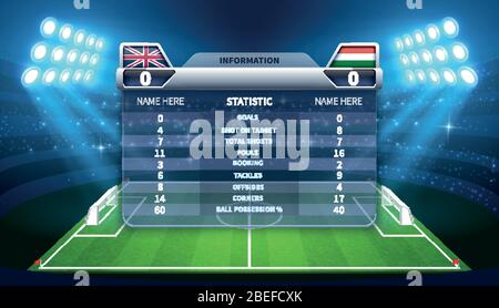 Soccer scoreboard and football stadium vector mockup. Soccer stadium and scoreboard with information game illustration Stock Vector