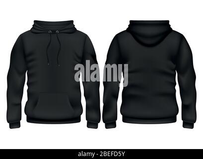 Front and back black hoodie vector template. Sweatshirt fashion with hoodie for sport and urban style illustration Stock Vector