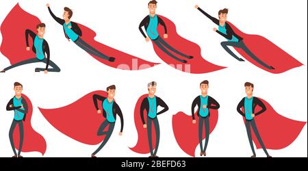 Cartoon businessman superhero in actions and different poses vector set. Superhero in red cape, strength and power man illustration Stock Vector