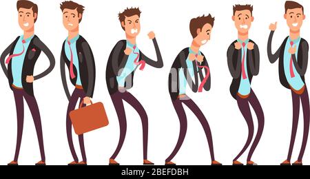 Businessman in different emotional states fear, anger, joy, annoyance, depression, contentment. Vector cartoon charecters set. Businessman person emotion collection illustration Stock Vector