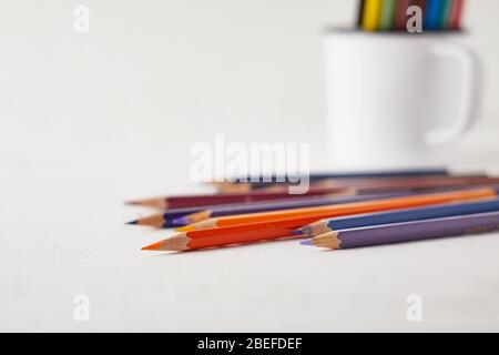 Color pencils on white background, copy space. Stock Photo