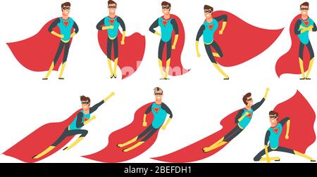 Superhero man in different poses. Cartoon superheroes vector comic characters set. Power character male, superhero cartoon man illustration Stock Vector