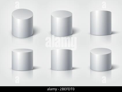 White realistic cylinder, empty stand round podium isolated. 3d geometric shapes vector set. Cylinder and pedestal circle, podium and stand circular illustration Stock Vector