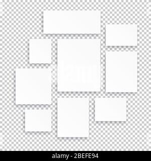 Blank white 3d paper canvas or photo frames isolated on transparent background. Vector illustration Stock Vector